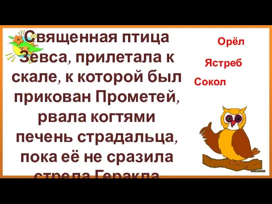 Священная птица Зевса, прилетала к скале, к которой был прикован Прометей, рвала