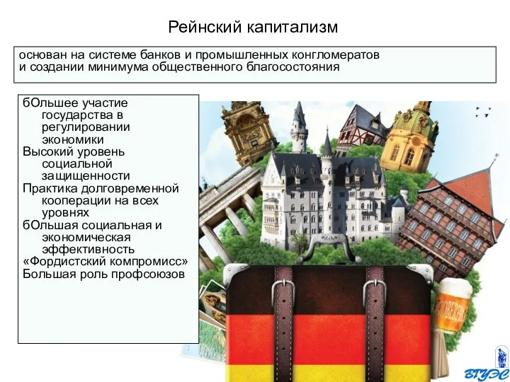 основан на системе банков и промышленных конгломератов и создании минимума общественного благосостояния