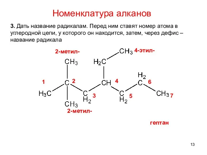 3. Дать название радикалам. Перед ним ставят номер атома в углеродной цепи,