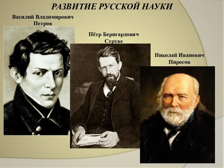 РАЗВИТИЕ РУССКОЙ НАУКИ Василий Владимирович Петров Пётр Бернгардович Струве Николай Иванович Пирогов