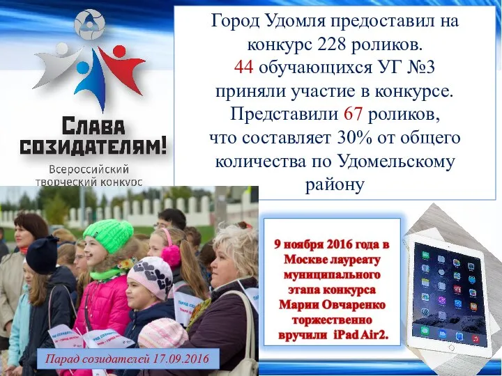 Город Удомля предоставил на конкурс 228 роликов. 44 обучающихся УГ №3 приняли