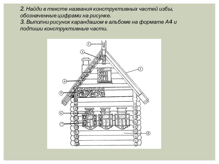 2. Найди в тексте названия конструктивных частей избы, обозначенные цифрами на рисунке.