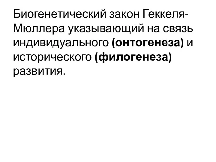 Биогенетический закон Геккеля-Мюллера указывающий на связь индивидуального (онтогенеза) и исторического (филогенеза) развития.