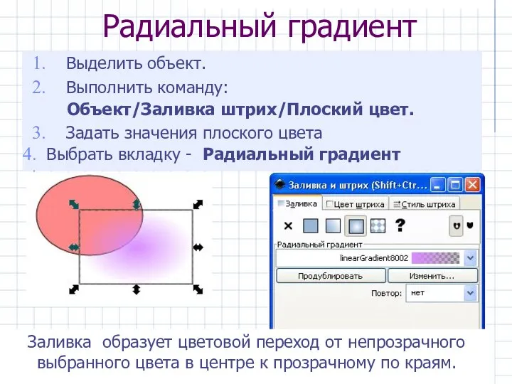 Радиальный градиент Выделить объект. Выполнить команду: Объект/Заливка штрих/Плоский цвет. Задать значения плоского