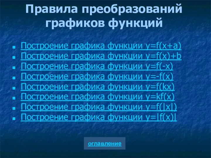 Построение графика функции y=f(x+a) Построение графика функции y=f(x)+b Построение графика функции y=f(-x)