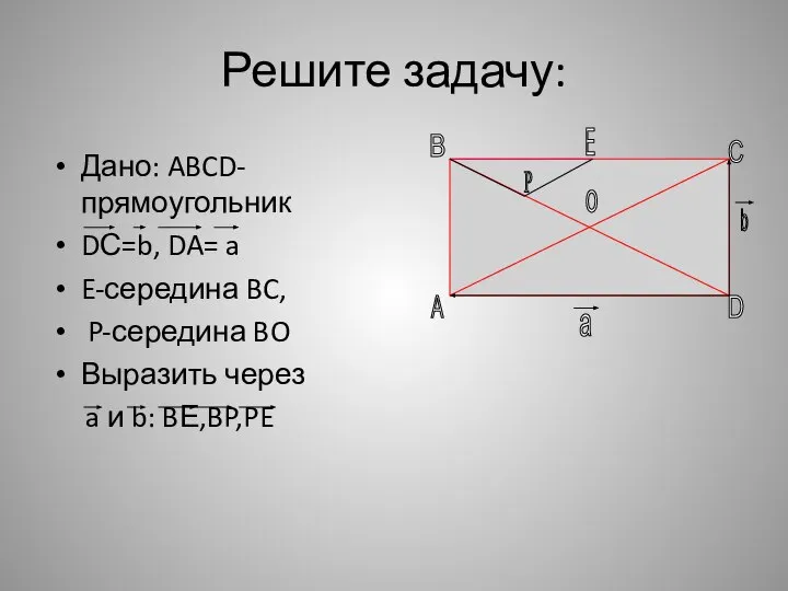 Решите задачу: Дано: ABCD-прямоугольник DС=b, DA= a E-середина BC, P-середина BO Выразить