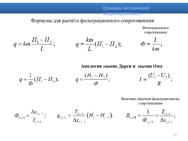 Формулы для расчёта фильтрационного сопротивления Основы численного моделирования Аналогия закона Дарси и