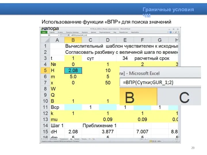 Граничные условия ЧМ Использованние функции «ВПР» для поиска значений напора