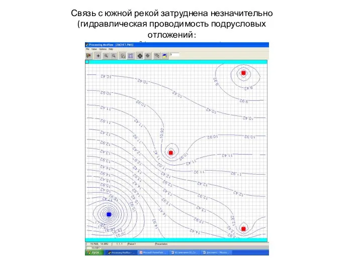 Связь с южной рекой затруднена незначительно (гидравлическая проводимость подрусловых отложений: 25 м3/сут на метр русла)