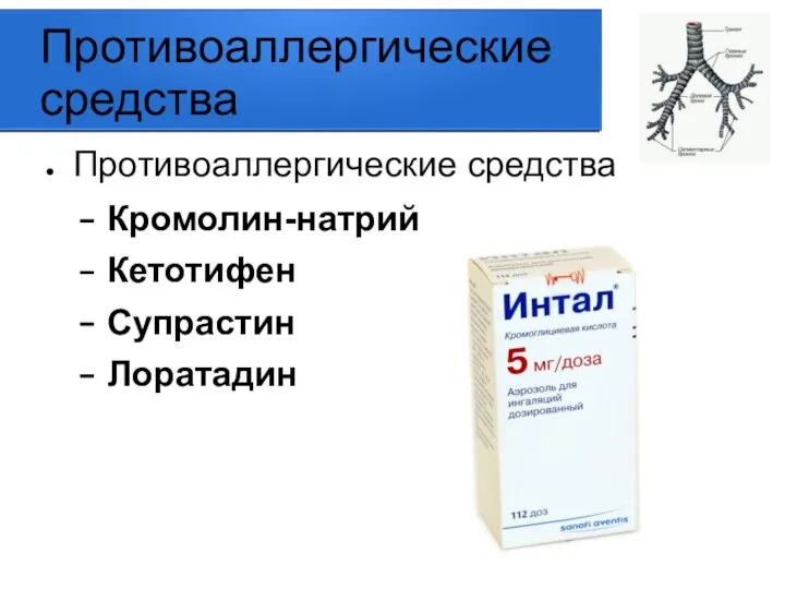 Противоаллергические средства Противоаллергические средства Кромолин-натрий Кетотифен Супрастин Лоратадин