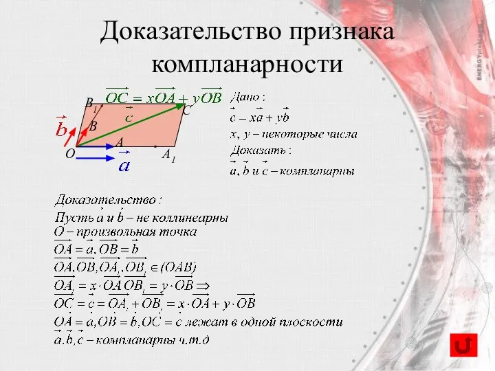 Доказательство признака компланарности С O A1 B1 B A