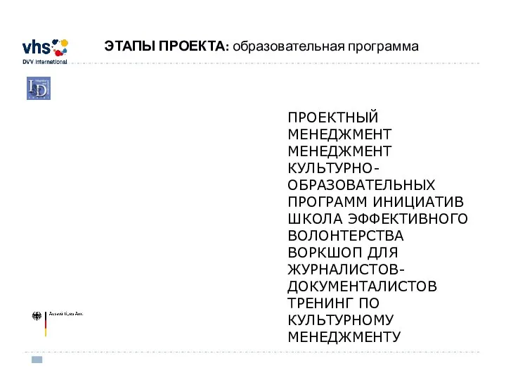 ЭТАПЫ ПРОЕКТА: образовательная программа ПРОЕКТНЫЙ МЕНЕДЖМЕНТ МЕНЕДЖМЕНТ КУЛЬТУРНО-ОБРАЗОВАТЕЛЬНЫХ ПРОГРАММ ИНИЦИАТИВ ШКОЛА ЭФФЕКТИВНОГО