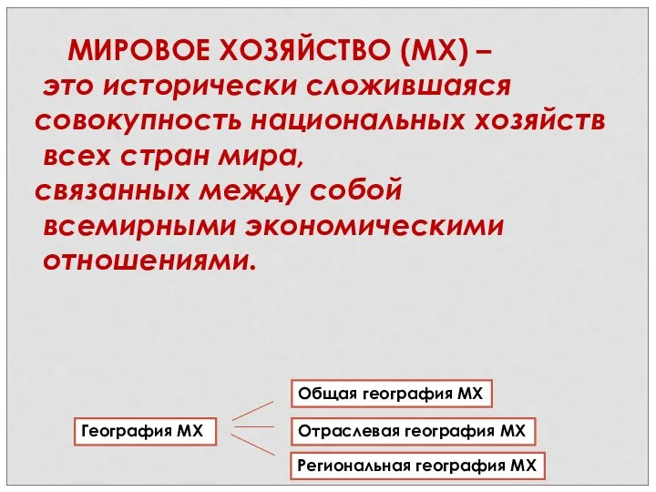 МИРОВОЕ ХОЗЯЙСТВО (МХ) – это исторически сложившаяся совокупность национальных хозяйств всех стран