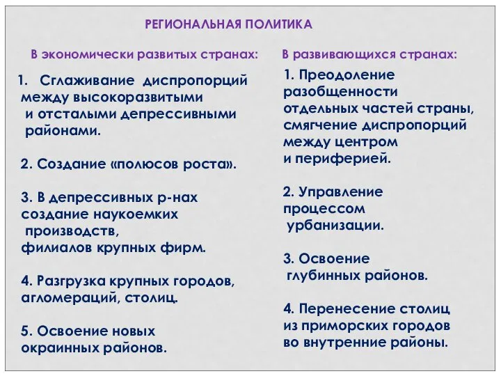 Сглаживание диспропорций между высокоразвитыми и отсталыми депрессивными районами. 2. Создание «полюсов роста».