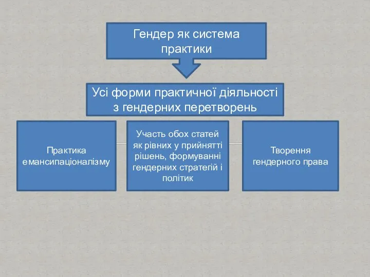 Гендер як система практики Усі форми практичної діяльності з гендерних перетворень Практика