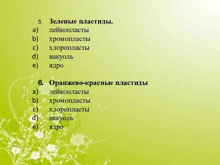 5. Зеленые пластиды. лейкопласты хромопласты хлоропласты вакуоль ядро 6. Оранжево-красные пластиды лейкопласты хромопласты хлоропласты вакуоль ядро