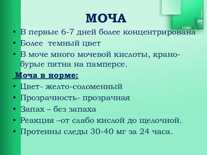 МОЧА В первые 6-7 дней более концентрирована Более темный цвет В моче