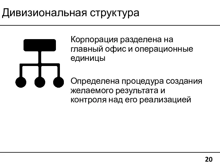 Дивизиональная структура 20 Корпорация разделена на главный офис и операционные единицы Определена