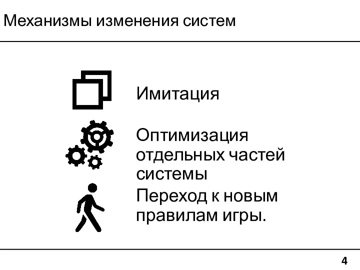 Оптимизация отдельных частей системы Переход к новым правилам игры. Имитация Механизмы изменения систем 4