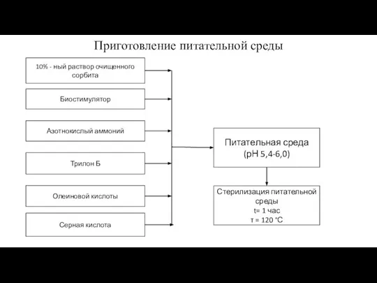 Приготовление питательной среды Питательная среда (рН 5,4-6,0) Биостимулятор Азотнокислый аммоний Трилон Б