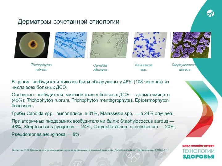 Дерматозы сочетанной этиологии В целом возбудители микозов были обнаружены у 45% (108