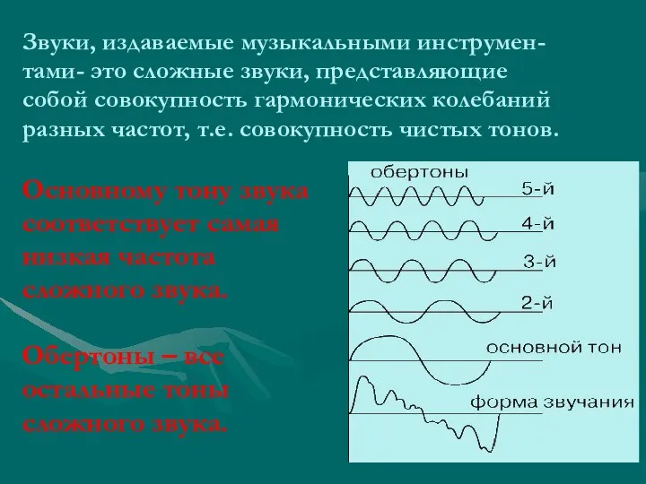 Звуки, издаваемые музыкальными инструмен- тами- это сложные звуки, представляющие собой совокупность гармонических