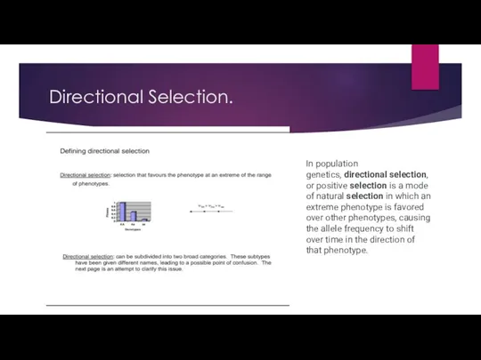 Directional Selection. In population genetics, directional selection, or positive selection is a