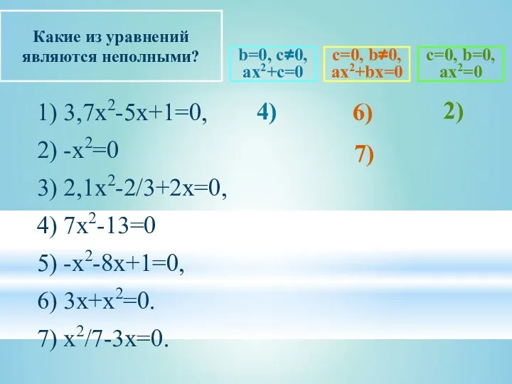 1) 3,7х2-5х+1=0, 2) -х2=0 3) 2,1х2-2/3+2х=0, 4) 7х2-13=0 5) -х2-8х+1=0, 6) 3х+х2=0.