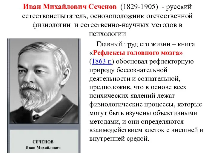 Иван Михайлович Сеченов (1829-1905) - русский естествоиспытатель, основоположник отечественной физиологии и естественно-научных