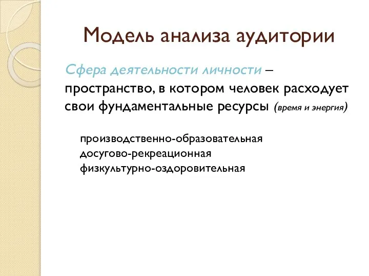 Модель анализа аудитории Сфера деятельности личности – пространство, в котором человек расходует