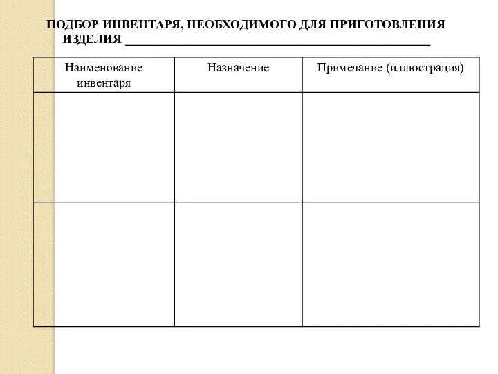 ПОДБОР ИНВЕНТАРЯ, НЕОБХОДИМОГО ДЛЯ ПРИГОТОВЛЕНИЯ ИЗДЕЛИЯ _________________________________________________