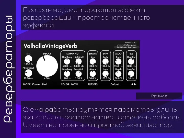 Ревербераторы Программа, имитирующая эффект реверберации – пространственного эффекта. Схема работы: крутятся параметры