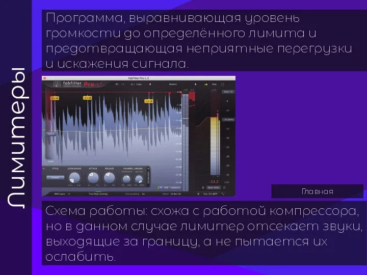 Лимитеры Программа, выравнивающая уровень громкости до определённого лимита и предотвращающая неприятные перегрузки