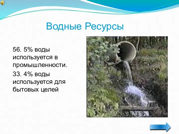 56. 5% воды используется в промышленности. 33. 4% воды используется для бытовых целей Водные Ресурсы
