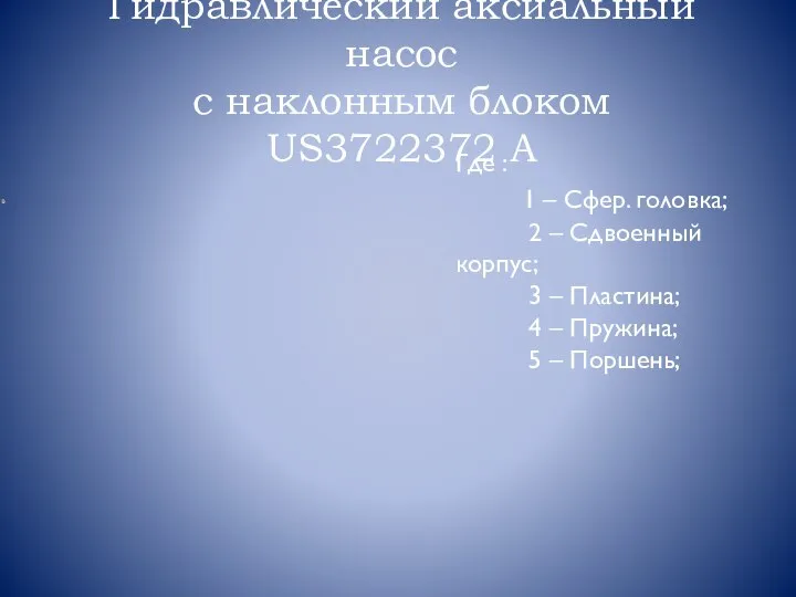 Гидравлический аксиальный насос с наклонным блоком US3722372 A Где : 1 –