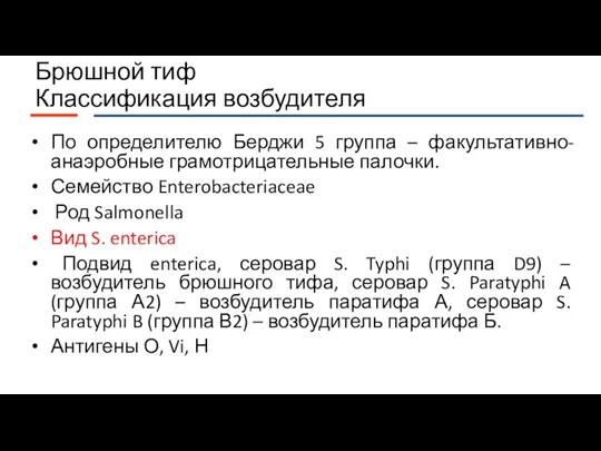 Брюшной тиф Классификация возбудителя По определителю Берджи 5 группа – факультативно-анаэробные грамотрицательные