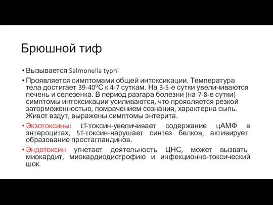 Брюшной тиф Вызывается Salmonella typhi Проявляется симптомами общей интоксикации. Температура тела достигает