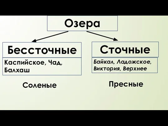 Озера Бессточные Сточные Каспийское, Чад, Балхаш Байкал, Ладожское, Виктория, Верхнее Пресные Соленые