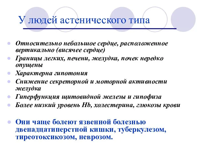 У людей астенического типа Относительно небольшое сердце, расположенное вертикально (висячее сердце) Границы