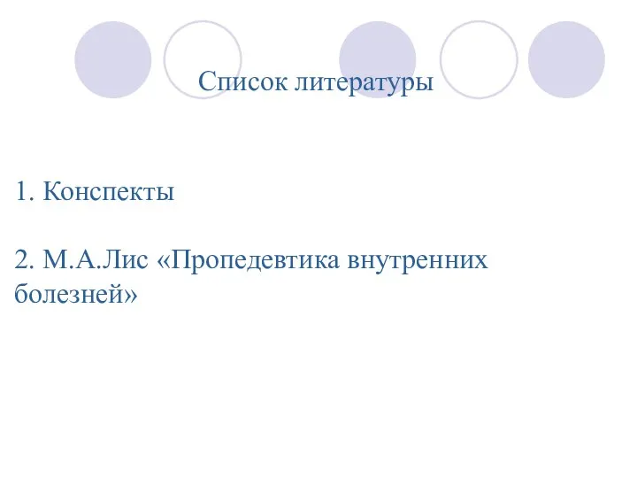 Список литературы 1. Конспекты 2. М.А.Лис «Пропедевтика внутренних болезней»