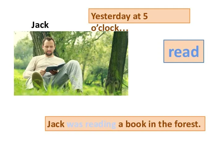Yesterday at 5 o’clock… read Jack was reading a book in the forest. Jack