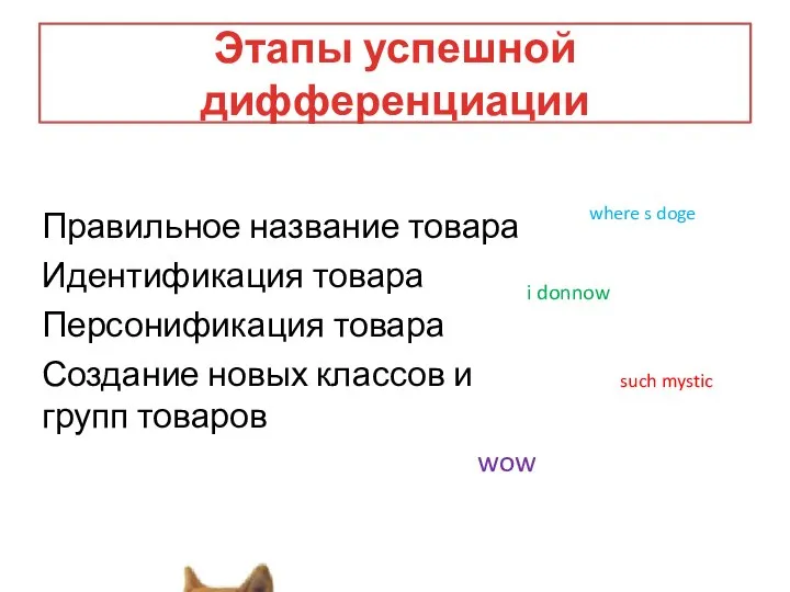 Этапы успешной дифференциации Правильное название товара Идентификация товара Персонификация товара Создание новых