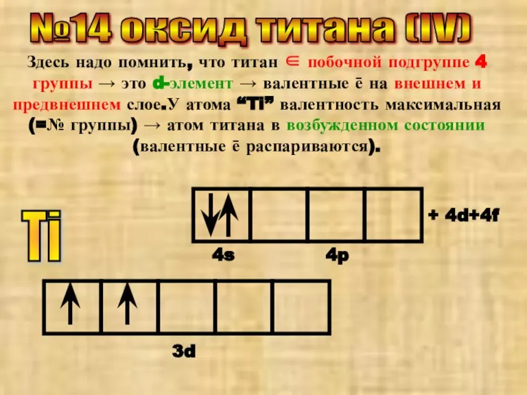 №14 оксид титана (IV) Здесь надо помнить, что титан ∈ побочной подгруппе