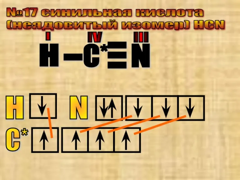 №17 cинильная кислота (неядовитый изомер) HCN С* N - - - H