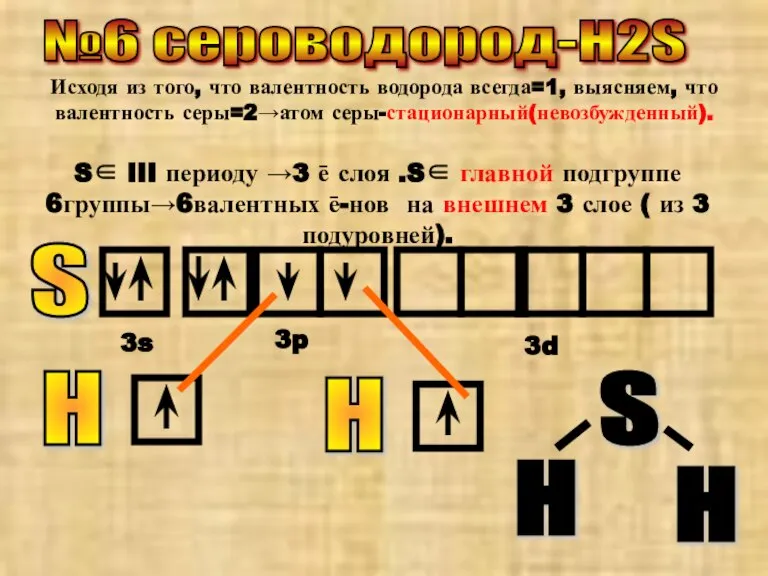 №6 сероводород-H2S Исходя из того, что валентность водорода всегда=1, выясняем, что валентность