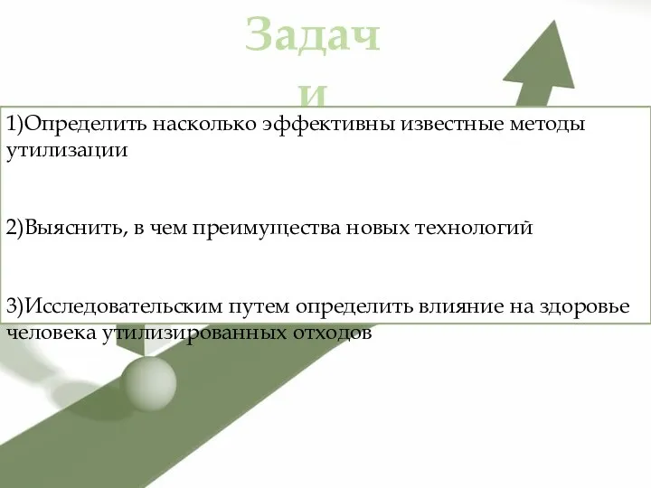 Задачи 1)Определить насколько эффективны известные методы утилизации 2)Выяснить, в чем преимущества новых