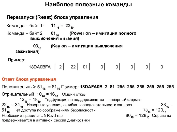 Наиболее полезные команды Перезапуск (Reset) блока управления Команда – байт 1: 1116