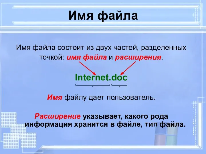 Имя файла Имя файла состоит из двух частей, разделенных точкой: имя файла