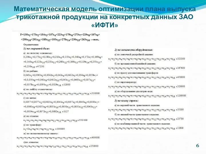 Математическая модель оптимизации плана выпуска трикотажной продукции на конкретных данных ЗАО «ИФТИ» 6