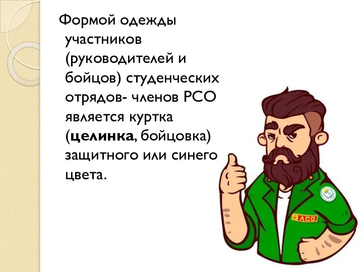 Формой одежды участников (руководителей и бойцов) студенческих отрядов- членов РСО является куртка